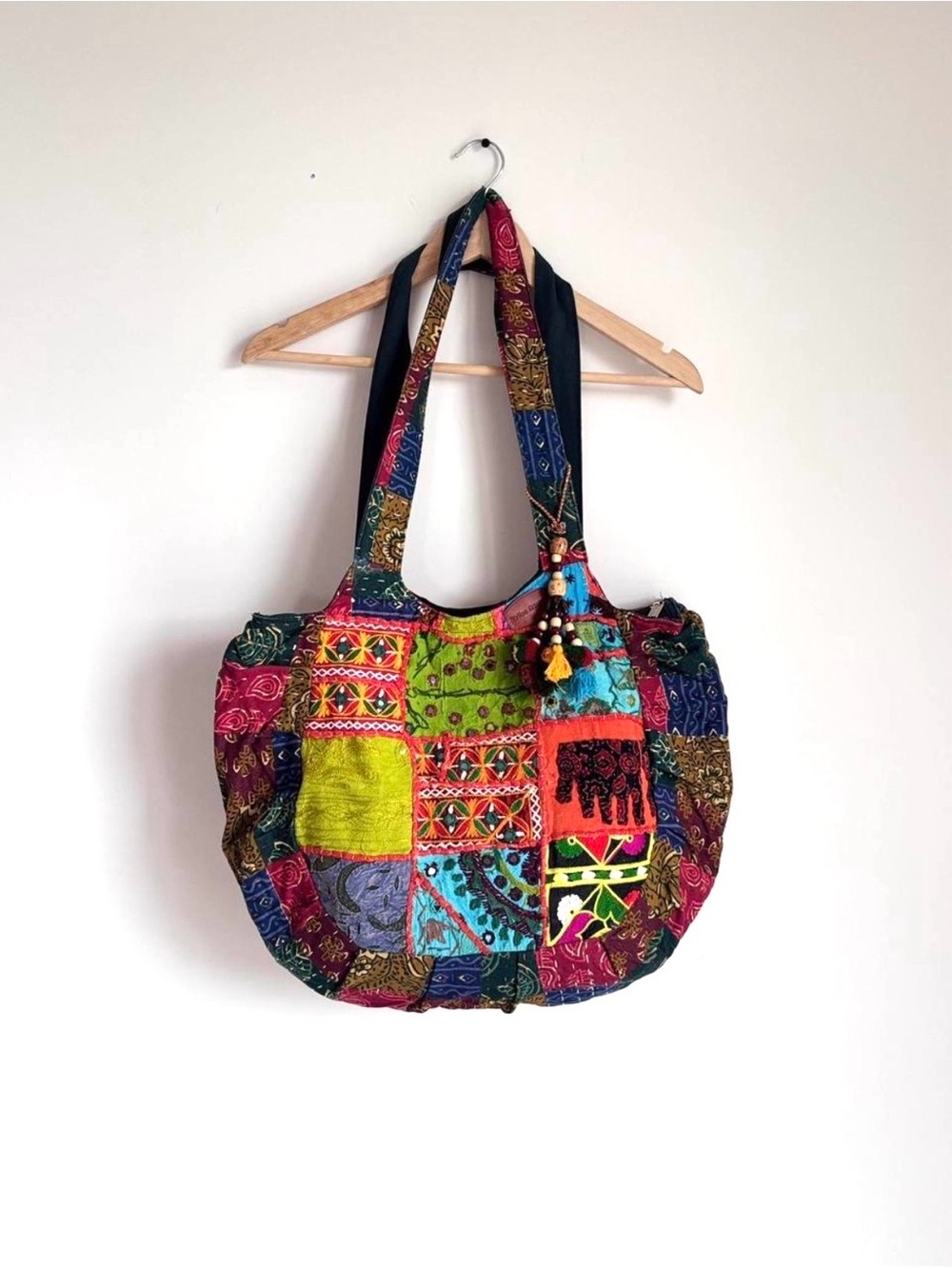 Tribe Azure Boho Patchwork Embroidered Elephant Tote Shoulder Bag Large